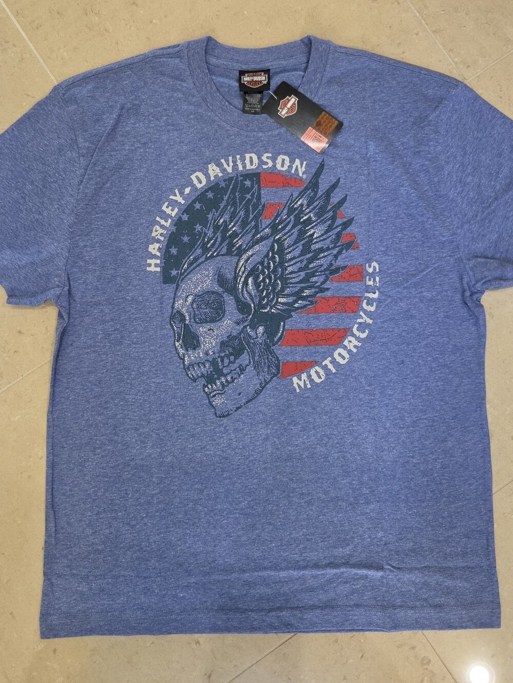 Harley-Davidson Blue Short-Sleeve Tee with Winged Skull and Flag Graphic